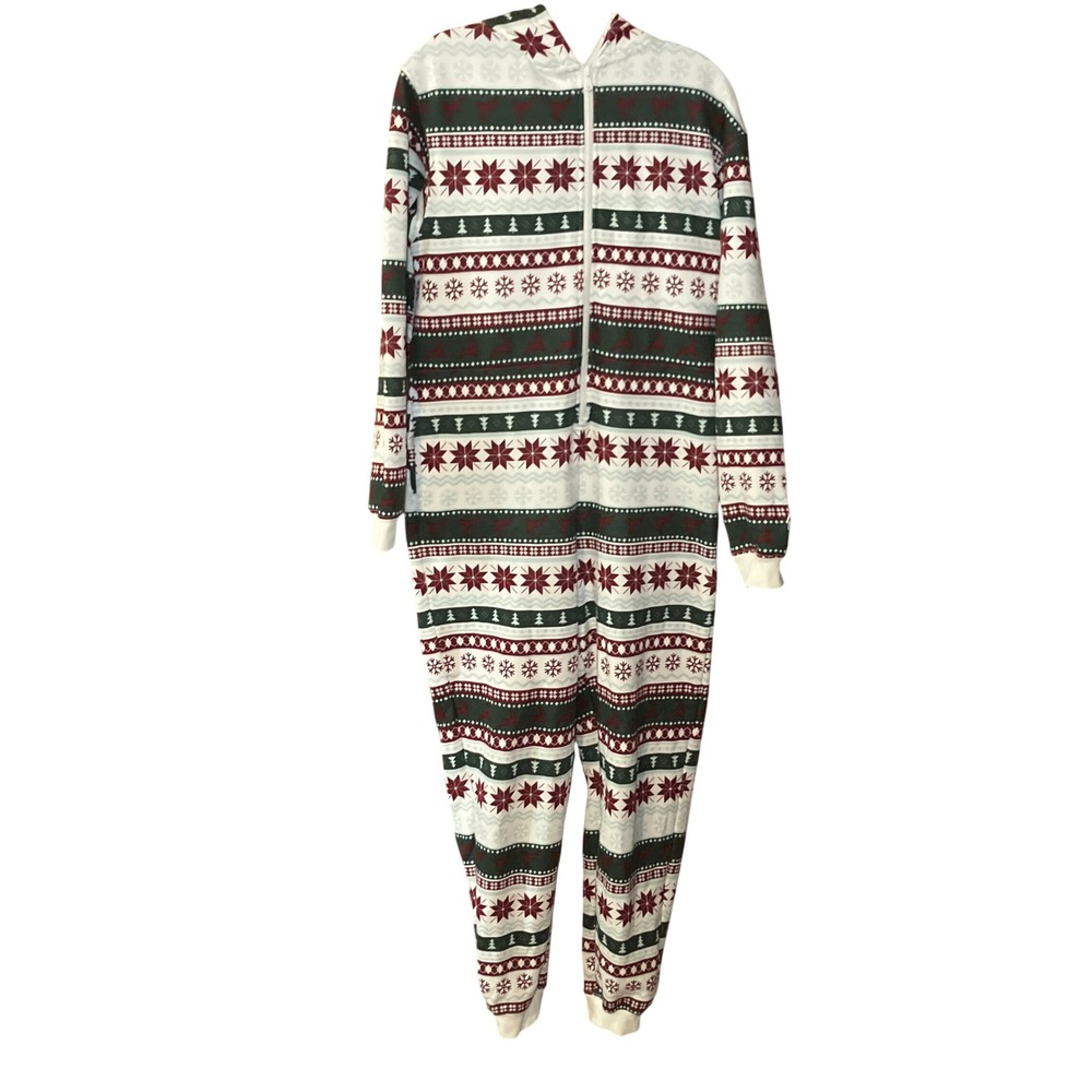 Fabletics Fair Isle Hooded Jumpsuit Women S Red Green Holiday Pajama Cabin